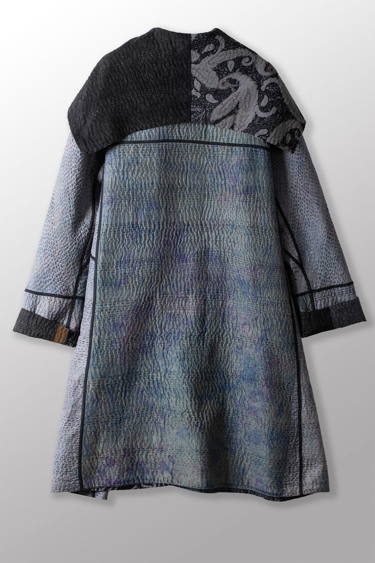 GEORGETTE JACQUARD VINTAGE SILK PATCH KANTHA A-LINE COAT - gj4309-blk -