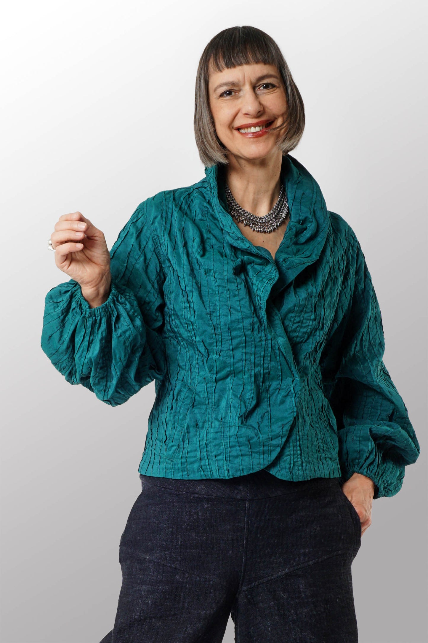 DYED COTTON SILK HEAVY VOILE RANDOM TUCK PUFF SLV. JACKET - dr1077-grn -