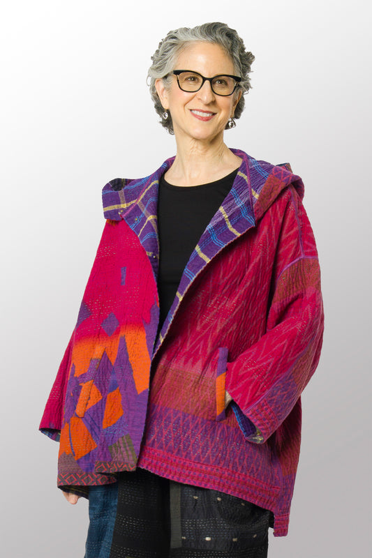 VINTAGE COTTON KANTHA HOODIE PONCHO - cv4064-0028a -