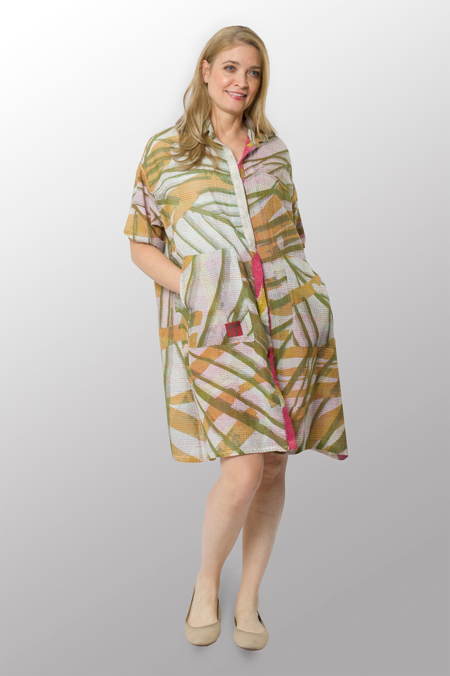 MARIGOLD PRINT KANTHA HALF SLV. SHIRT DRESS - mg2429-pik -