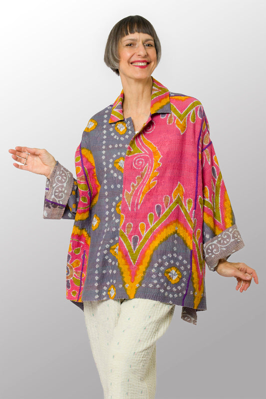 VINTAGE COTTON KANTHA OVERSIZED MINI COAT - cv2332-0007a -