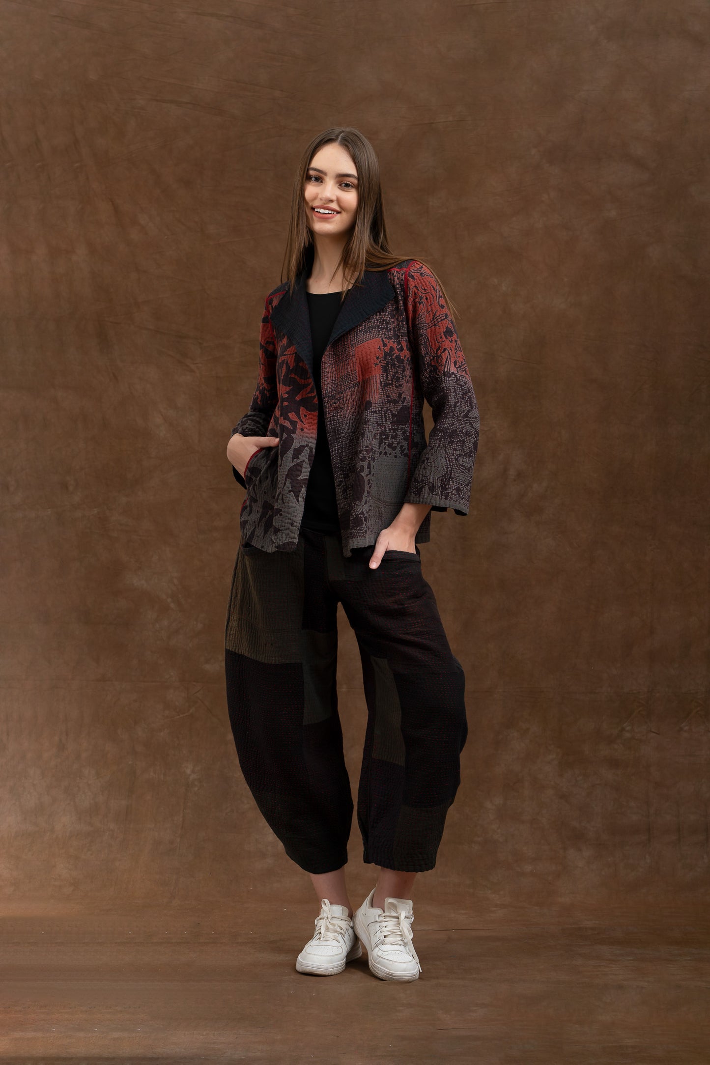 MONOTONE TWILIGHT PRINT KANTHA A-LINE JKT - tp4003-red -
