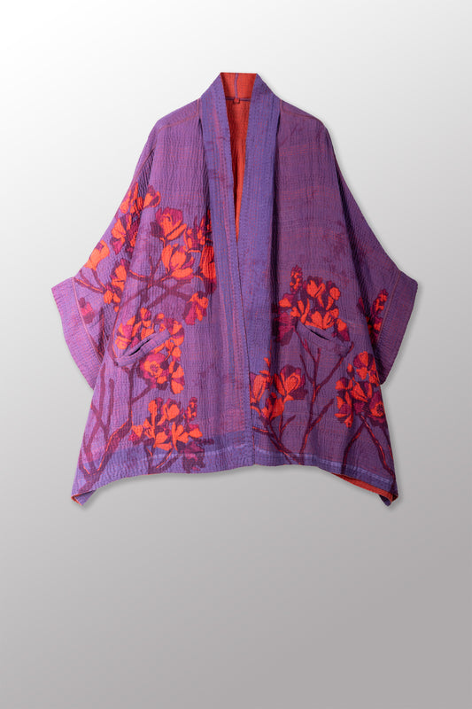 BLOOMING FLOWERS KANTHA DOUBLE COLLAR PONCHO - bf4323-prp -