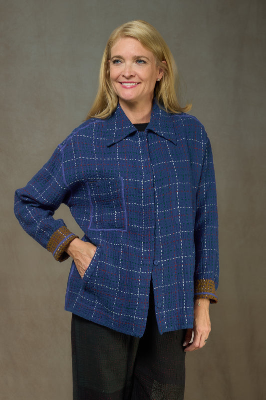 WOOL WAFFLE KANTHA WORKERS JACKET - ww3085-blu -