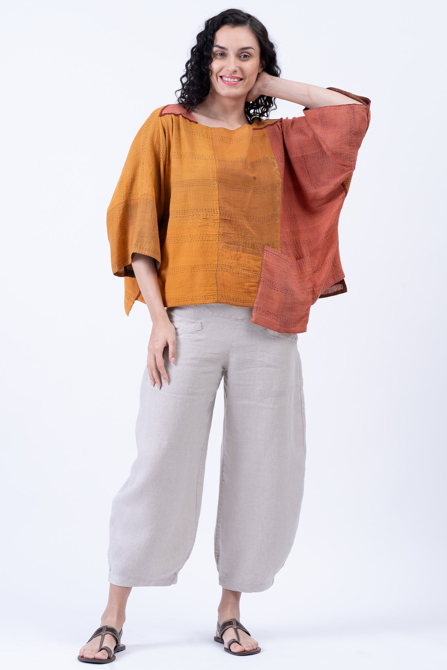 BROCADE PATCHED KANTHA 3/4 SLV. CROP TOP MIO - bp2538-org -