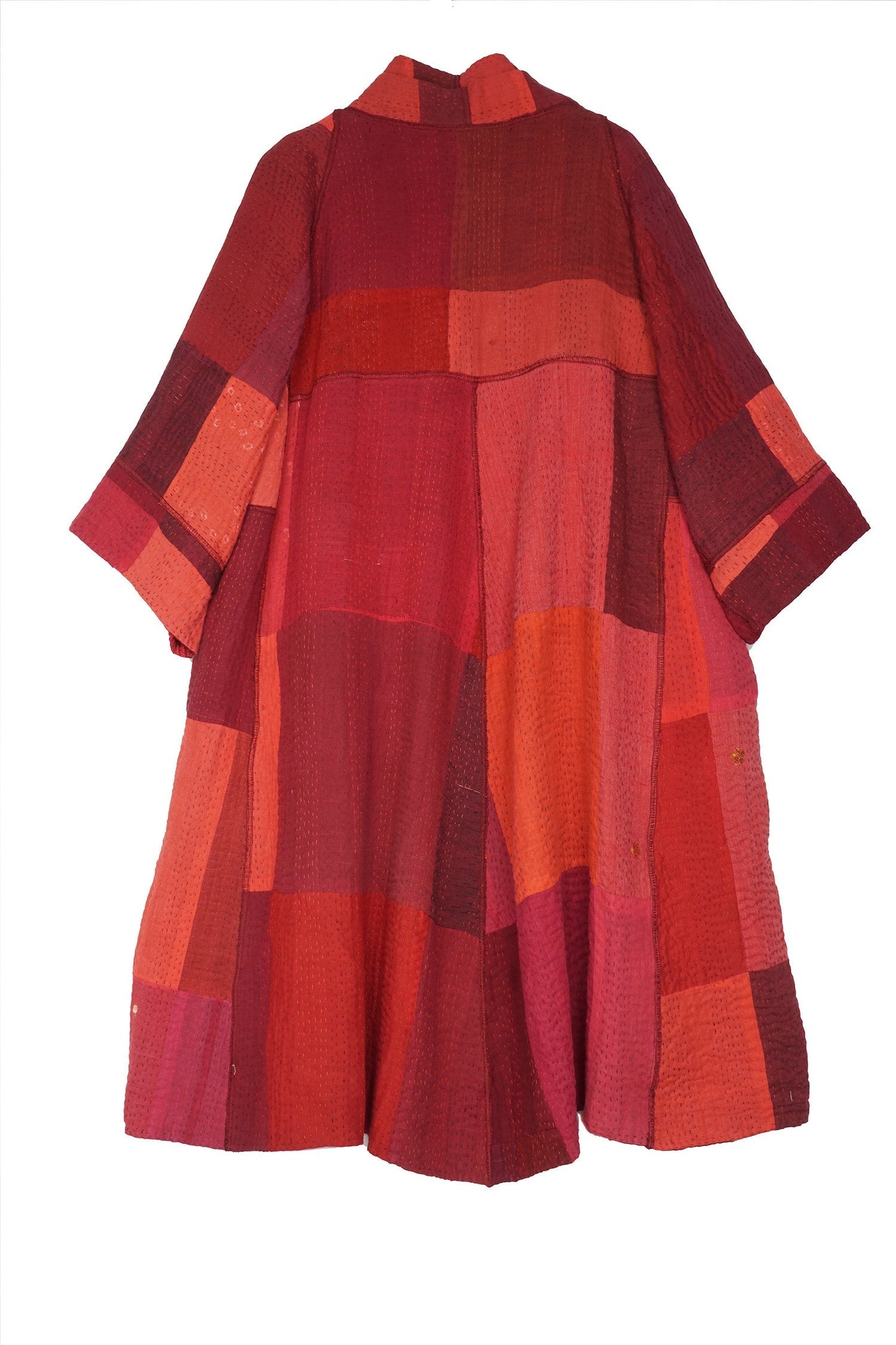 STRIPE AND CHECK COTTON SILK PATCH KANTHA 3/4 SLV. A-LINE DUSTER - ss4324-red -