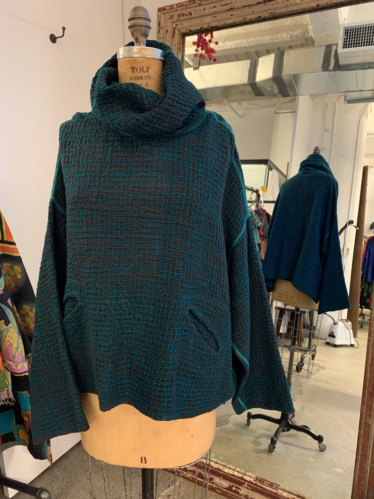 WOOL WAFFLE KANTHA NEW COWL NECK PONCHO - ww3083-tel -