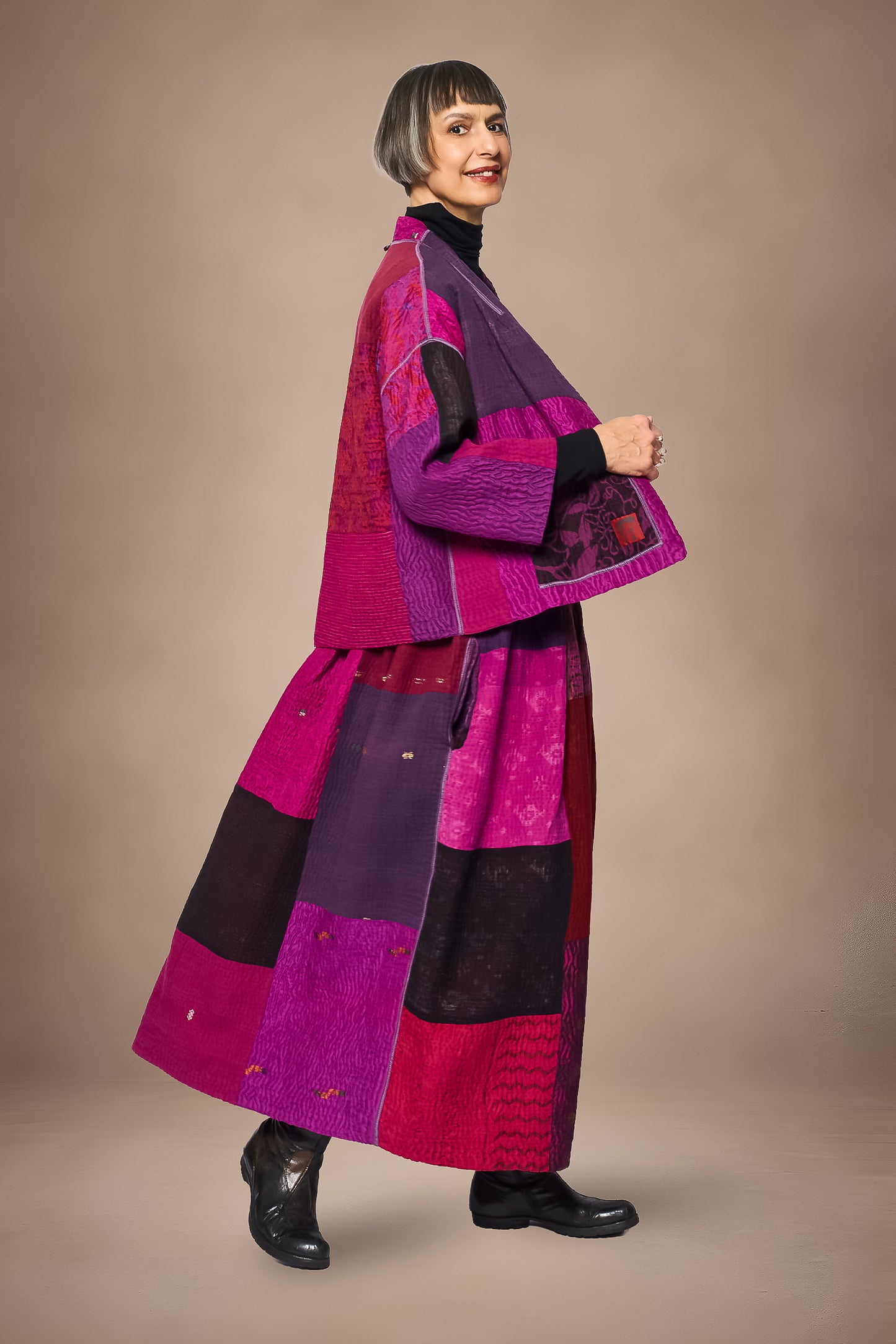 AMETHYST COTTON SILK KANTHA STAND COLLAR CROPPED JACKET - oc4034-prp -