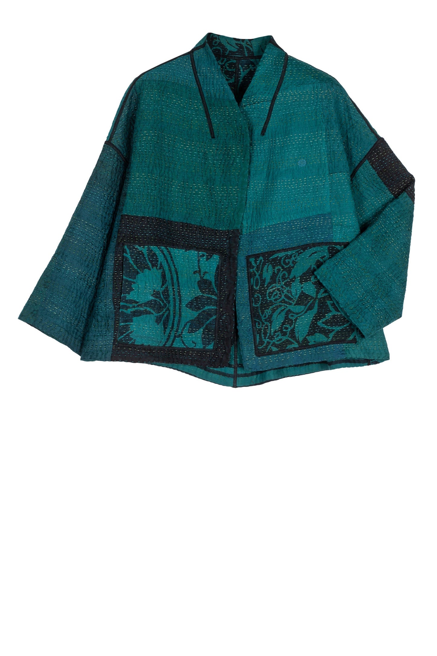 EMERALD GREEN KANTHA STAND COLLAR CROPPED JACKET - eg4034-tel -