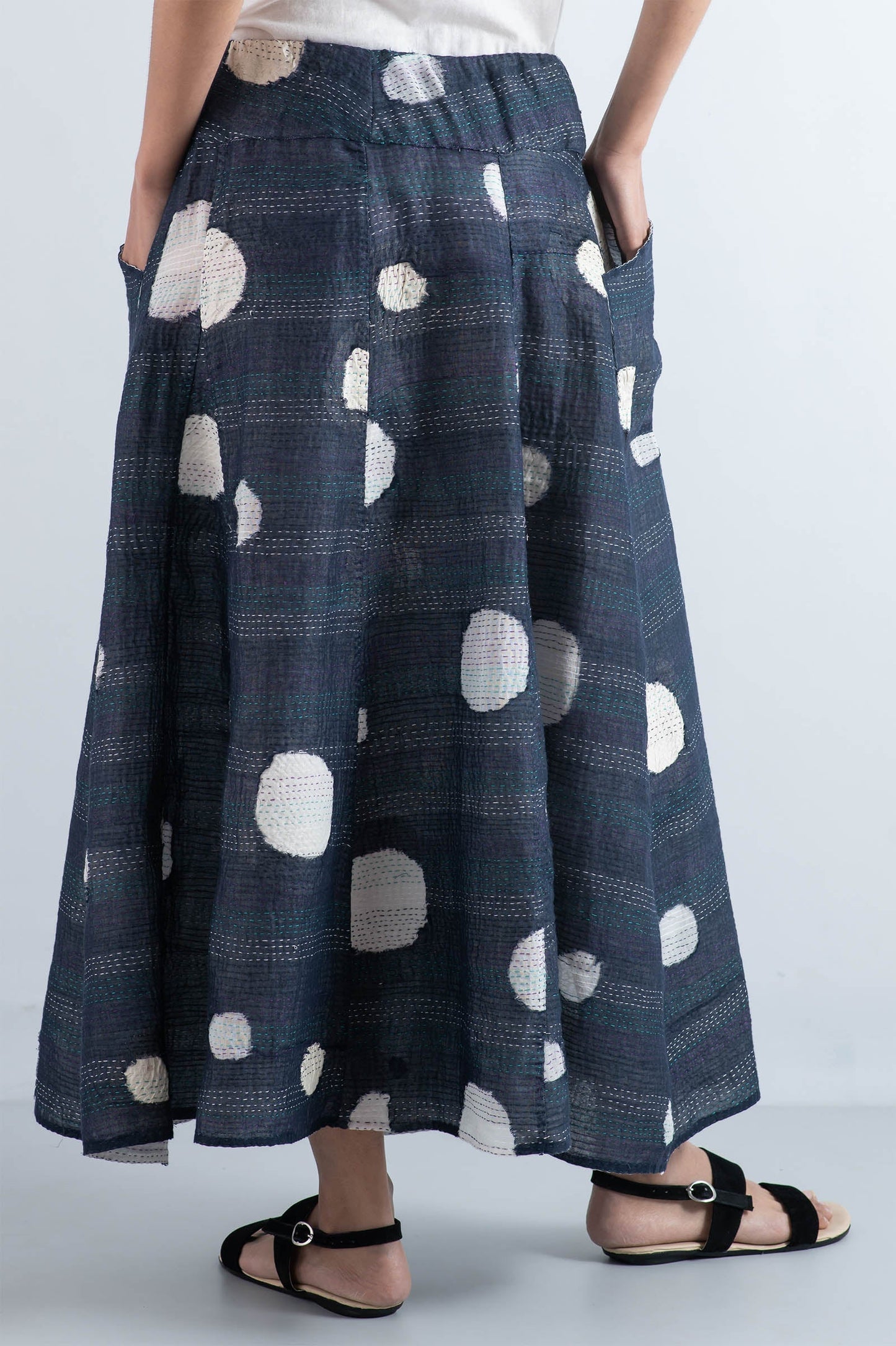 CUT THROUGH DOT AND HOLES KANTHA PANELED FLARE SKIRT - cd2630-blu -