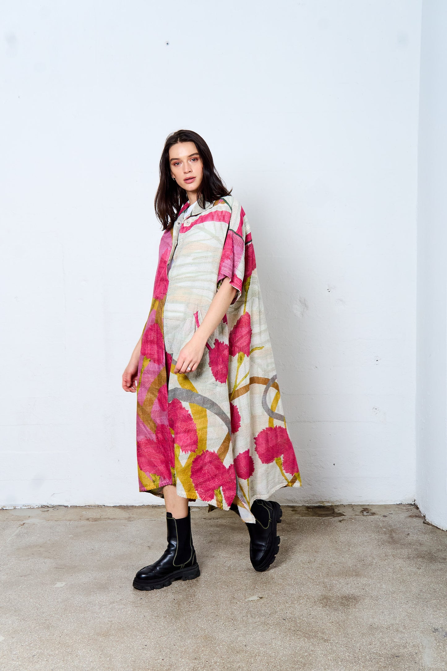 MARIGOLD PRINT KANTHA WING COLLAR DRESS - mg2454-pik -