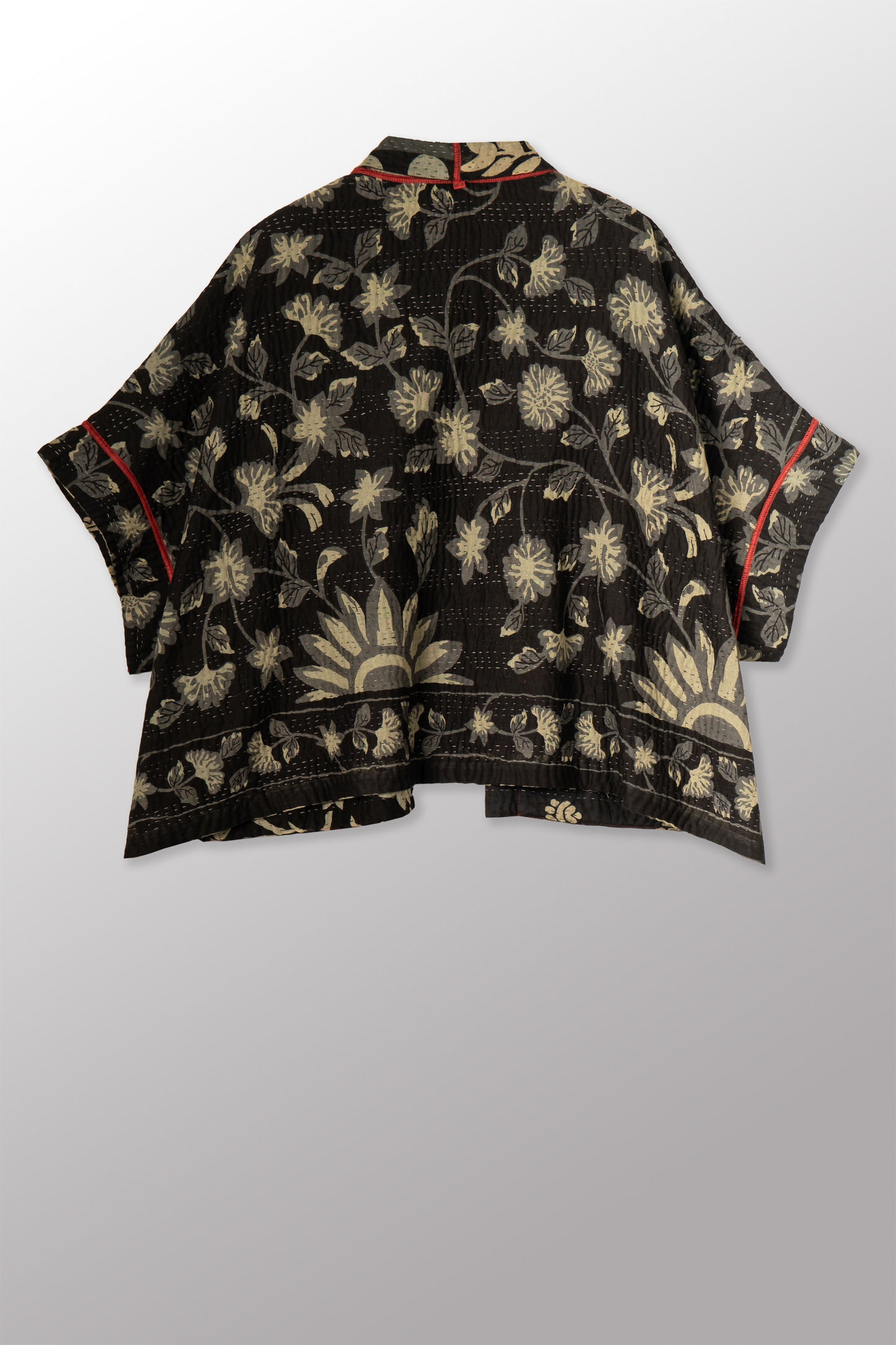 BLACK AND WHITE PRINT PATCH KANTHA MINI PONCHO - pn4060-red -