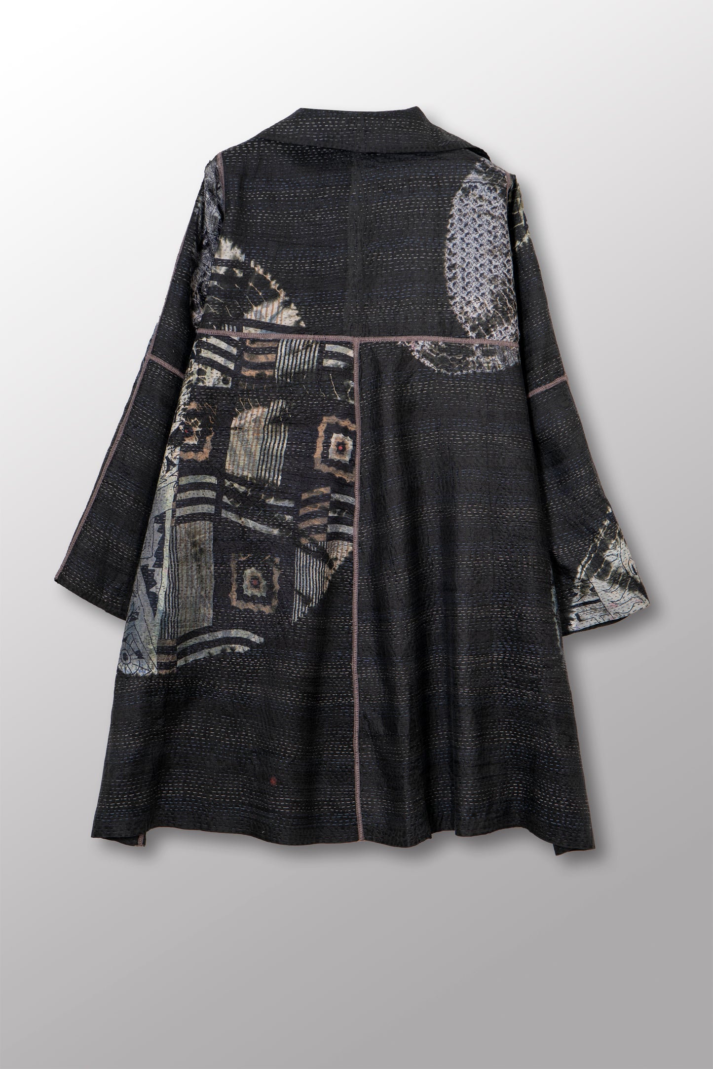 TIE DYE CIRCLE SHIBORI KANTHA A-LINE DUSTER - td2311-blk -