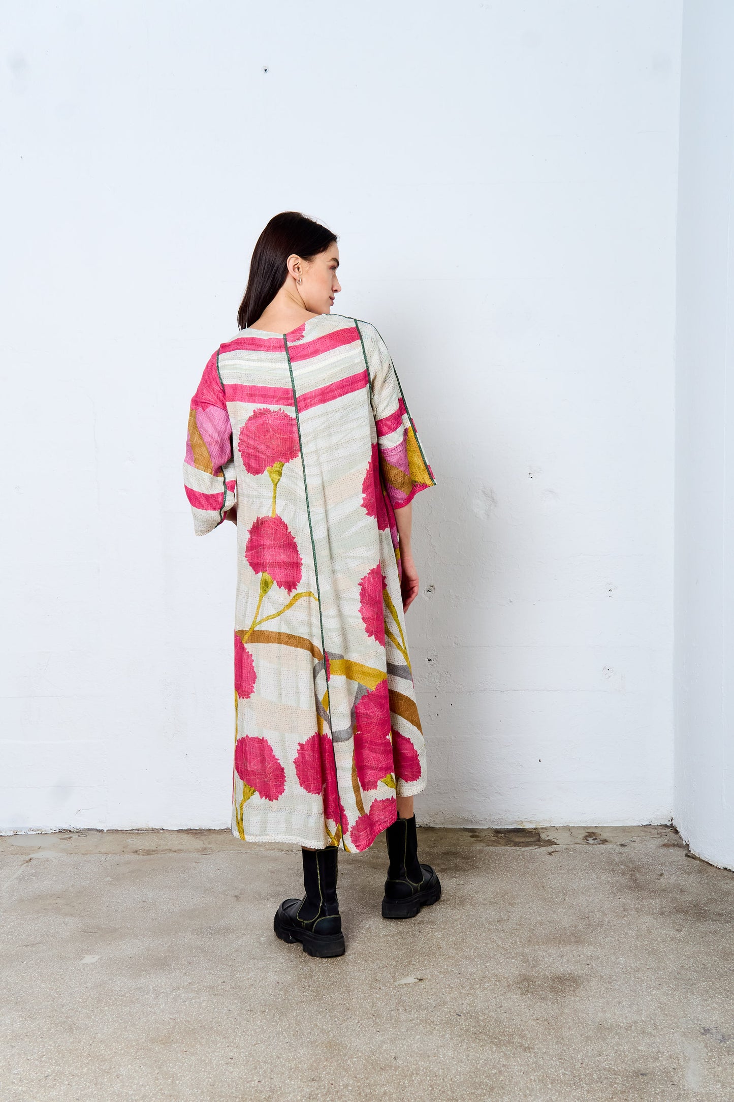 MARIGOLD PRINT KANTHA WING COLLAR DRESS - mg2454-pik -