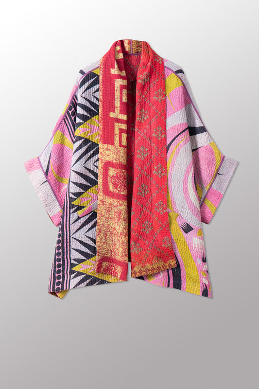 VINTAGE COTTON KANTHA DOUBLE COLLAR PONCHO - cv4323-0048a -