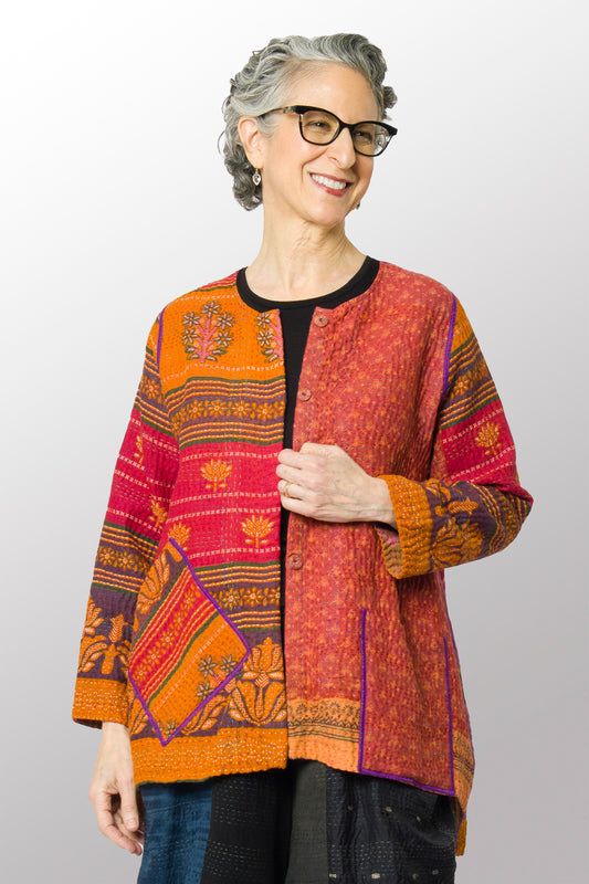 VINTAGE COTTON KANTHA CREW NECK POCKET JACKET - cv4025-0014a -