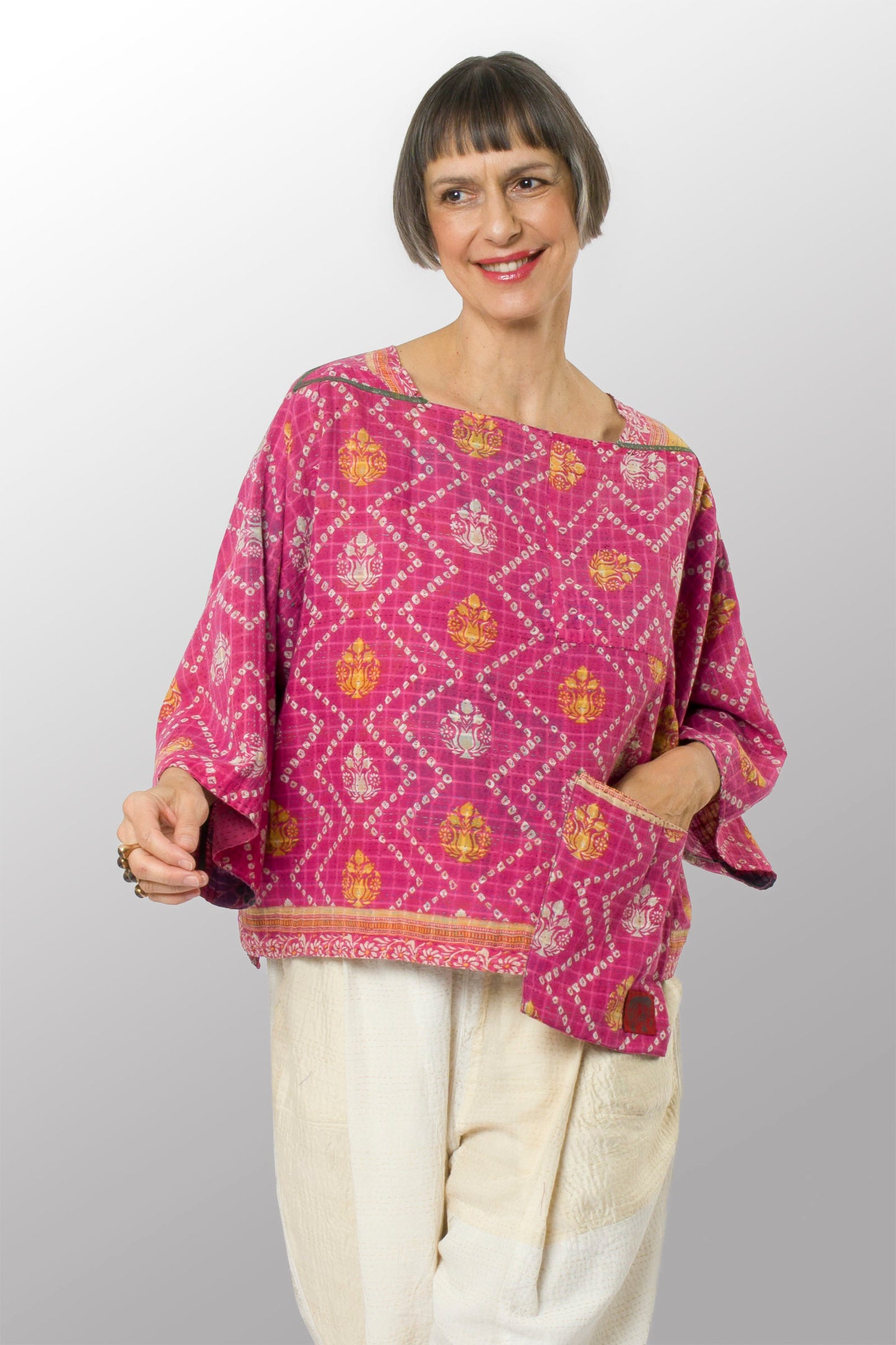 VINTAGE COTTON KANTHA 3/4 SLV. CROP TOP MIO - cv2538-0029a -
