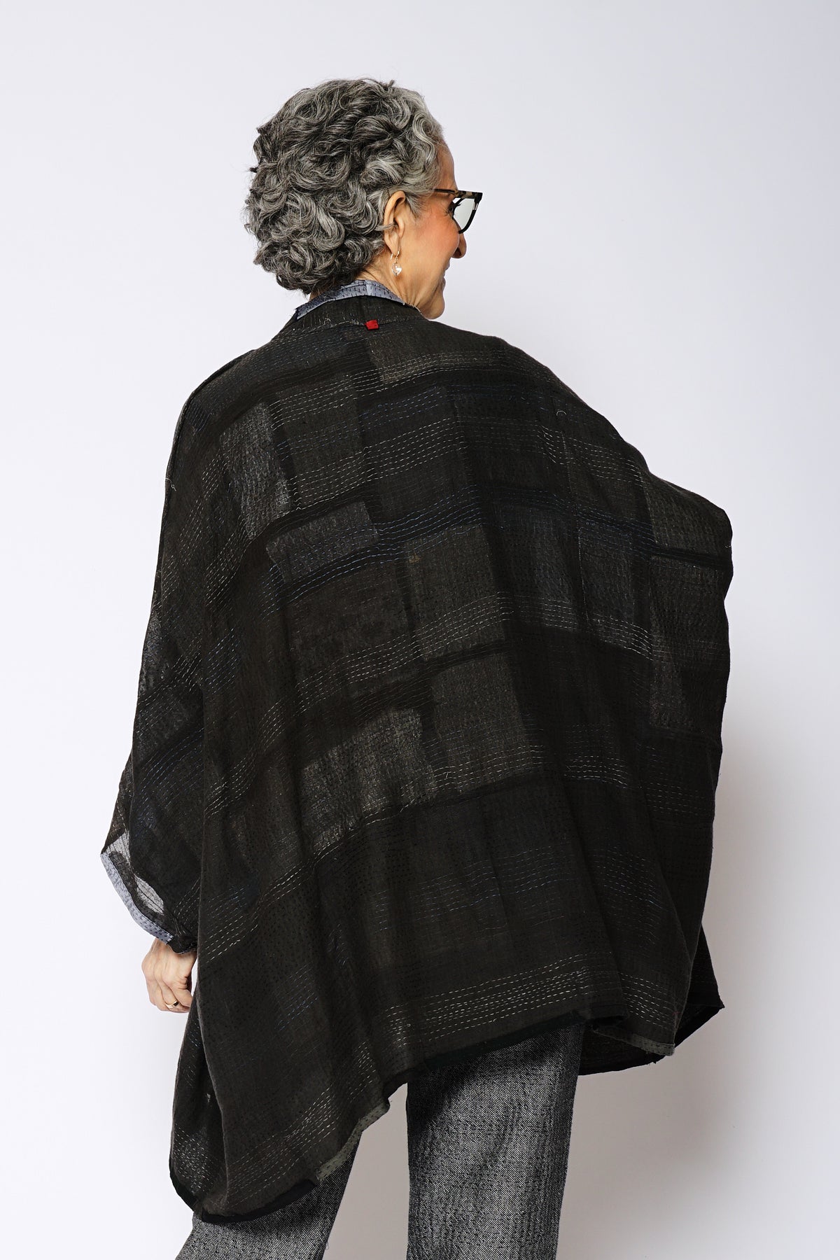 TONAL TILE PATCH KANTHA DOUBLE COLLAR PONCHO - tt2323-gry -