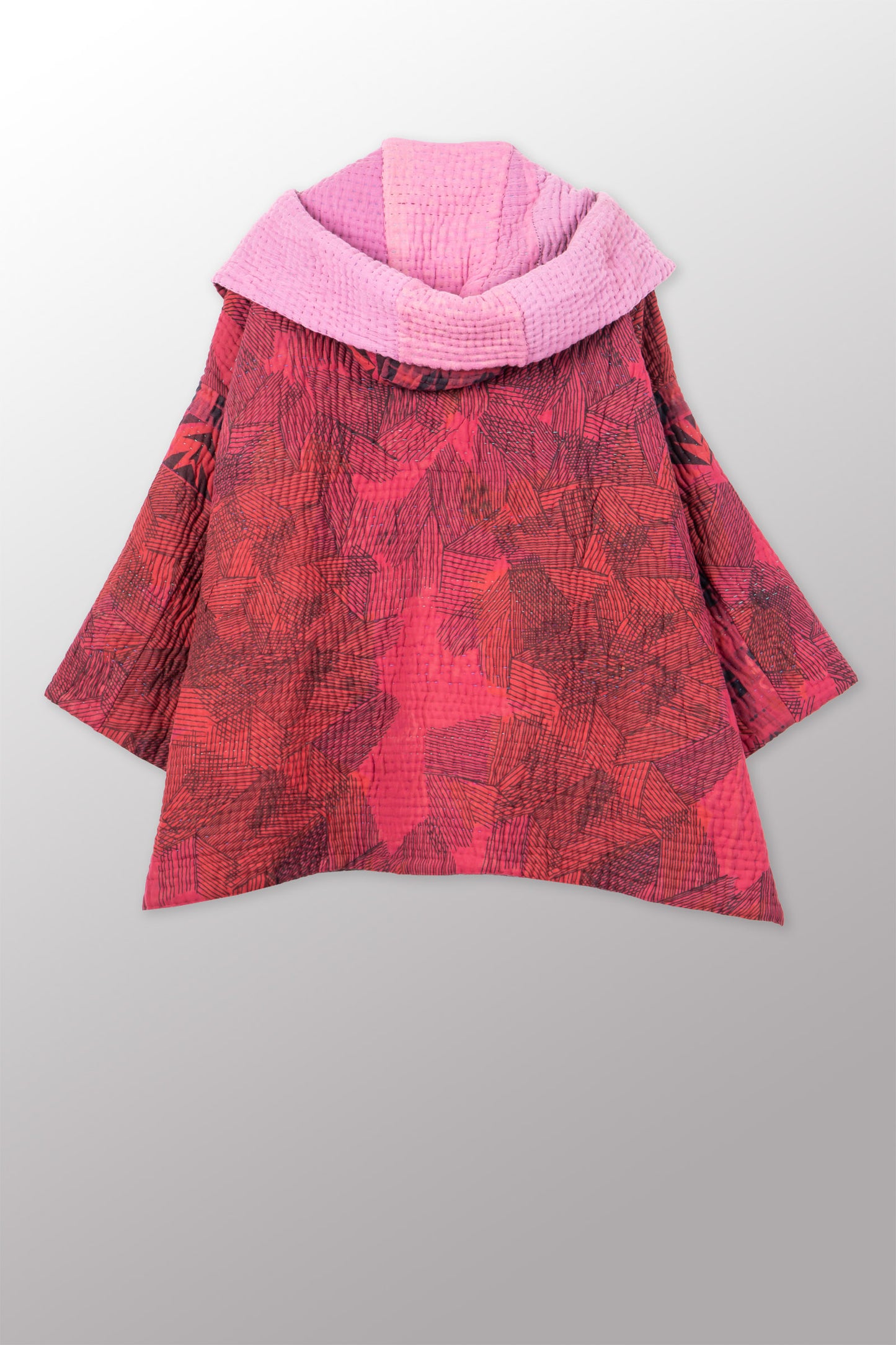 QUILTED OVERDYE COTTON KANTHA HOODIE PONCHO - oq5064-cred003a -