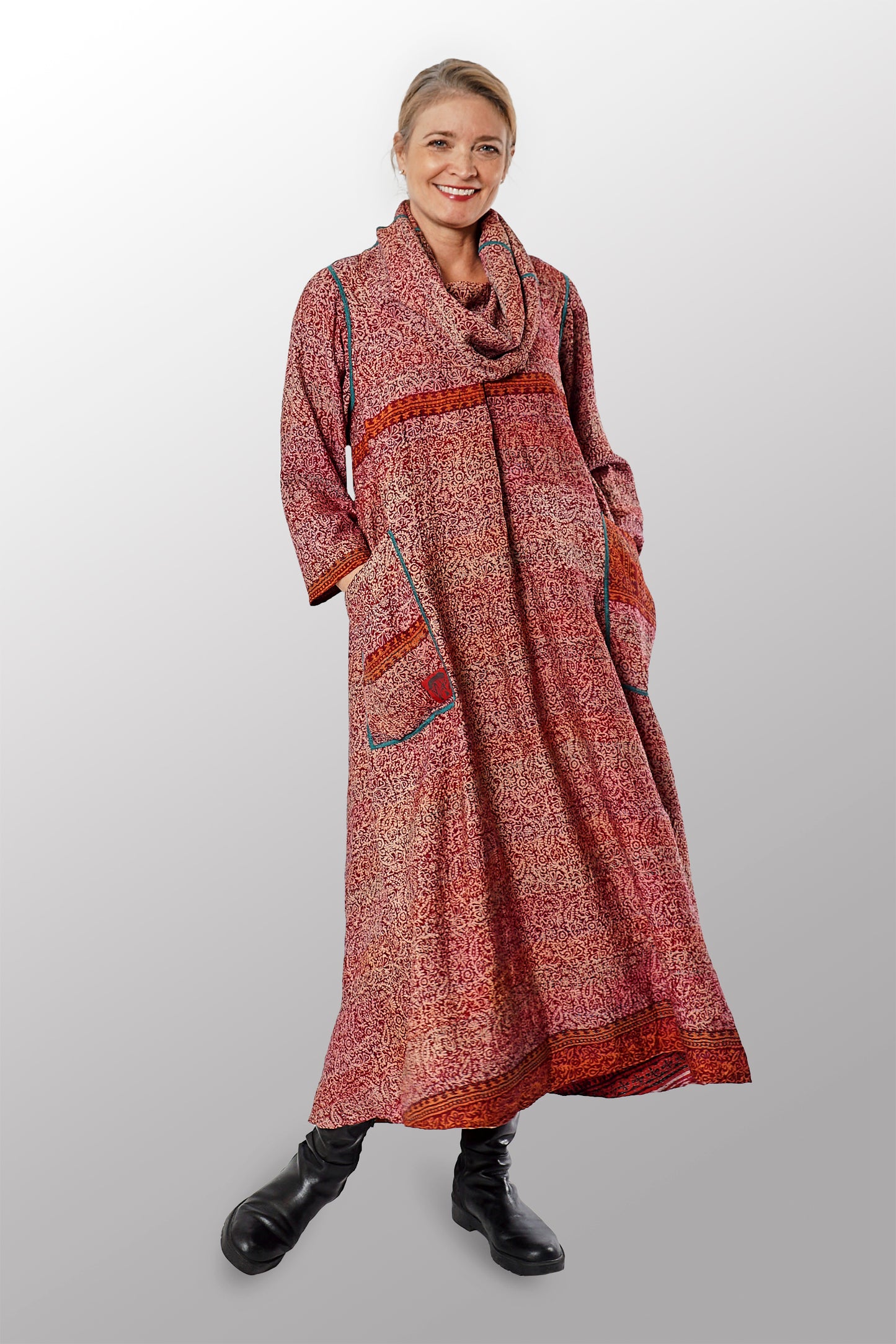 VINTAGE SILK GEORGETTE KANTHA COWL NECK LONG SLEEVE DRESS - sg2450-0004s -