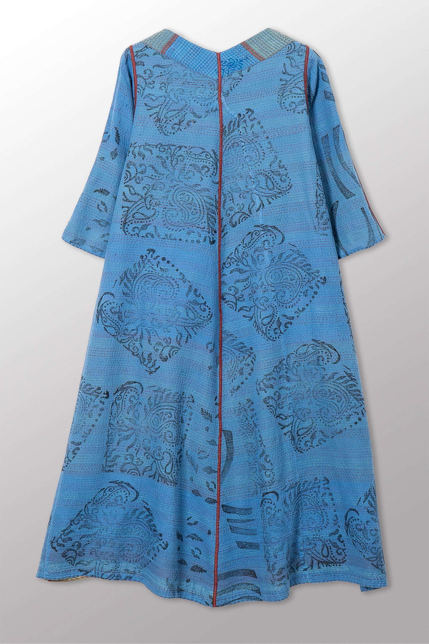 VINTAGE COTTON & NEW VOILE KANTHA V-NECK FLARE DRESS - cn2457-0001s -