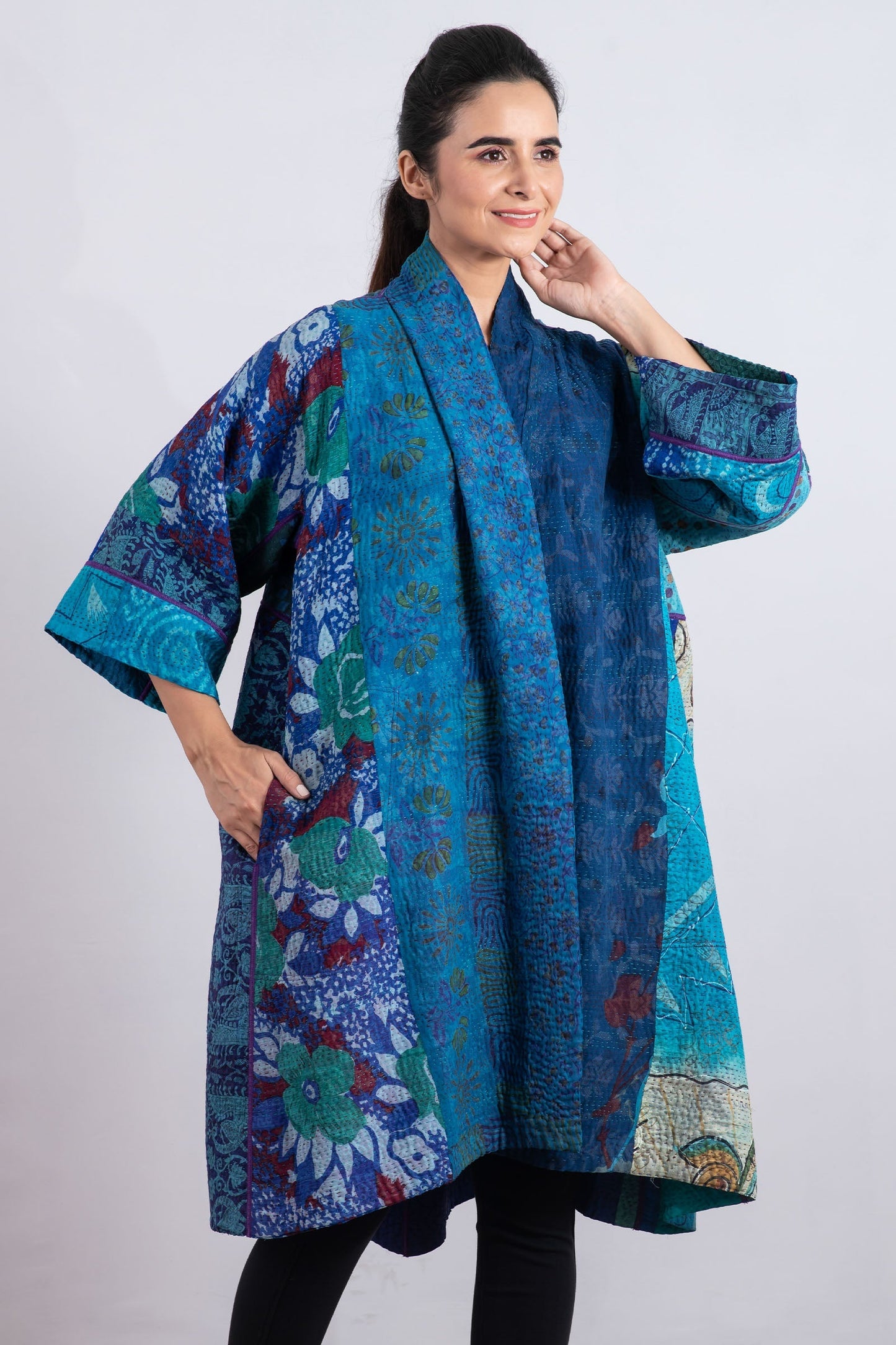 JACQUARD SILK KANTHA 3/4 SLV. A-LINE DUSTER - js4324-blu -