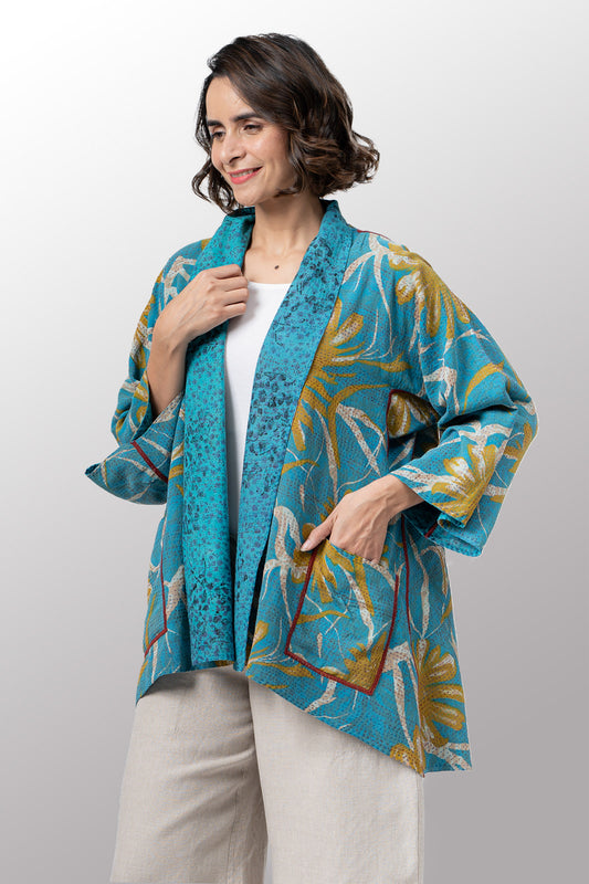 VINTAGE SILK GEORGETTE COTTON KANTHA KIMONO JKT - gc2004-0007a -