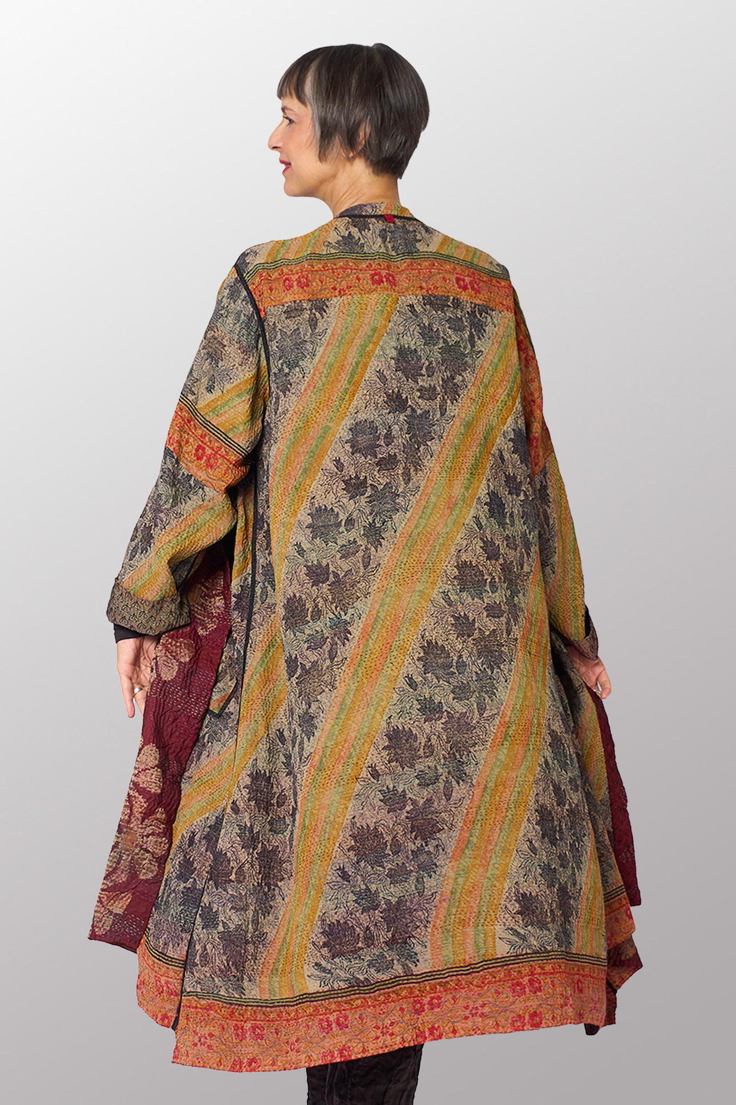 GEORGETTE JACQUARD VINTAGE SILK PATCH KANTHA KAFTAN COAT - gj2343-0001m -
