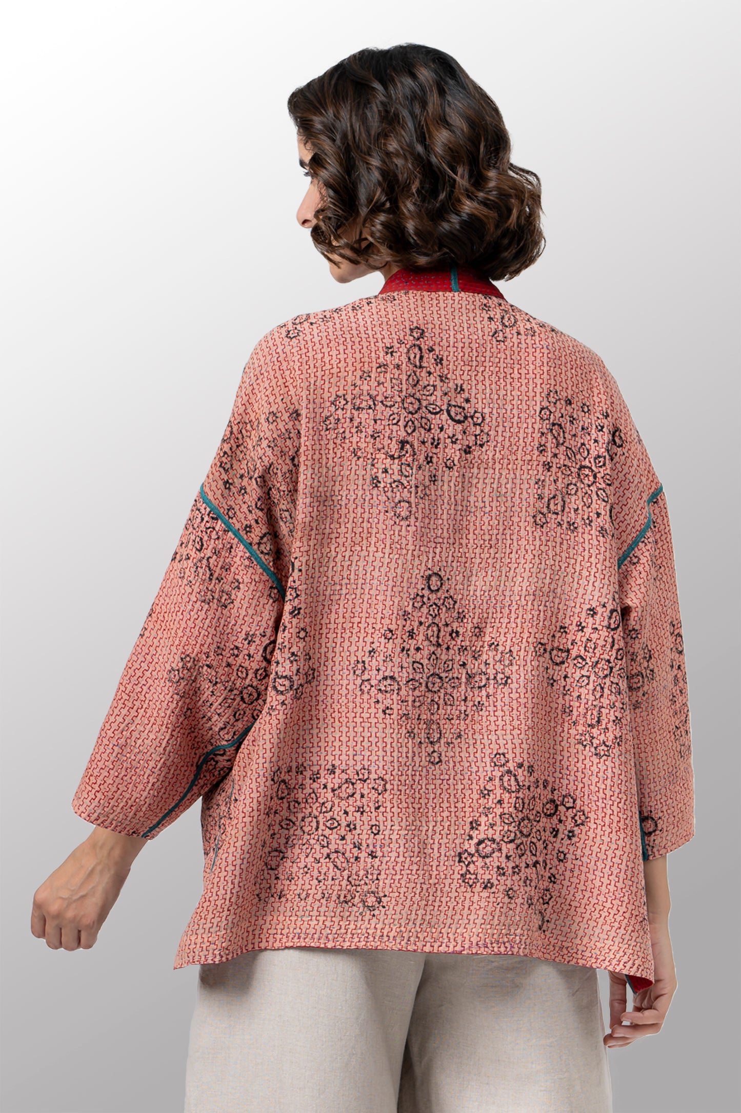 VINTAGE SILK GEORGETTE COTTON KANTHA MINI KIMONO JACKET - gc2055-0001a -