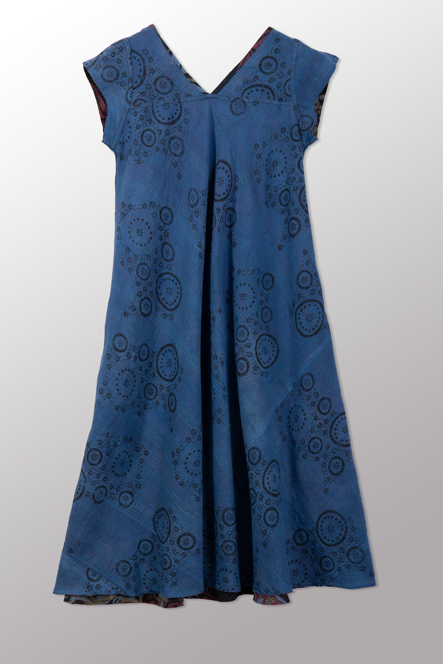 VINTAGE COTTON & NEW VOILE KANTHA CAP SLV. FLARE DRESS - cn2425-0005s -