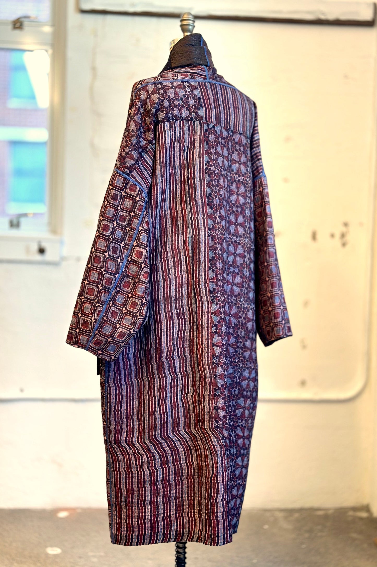 AJRAKH PRINT AND SILK COTTON PATCH KANTHA NEW SHAWL POCKET COAT LONG - az4363-brn -