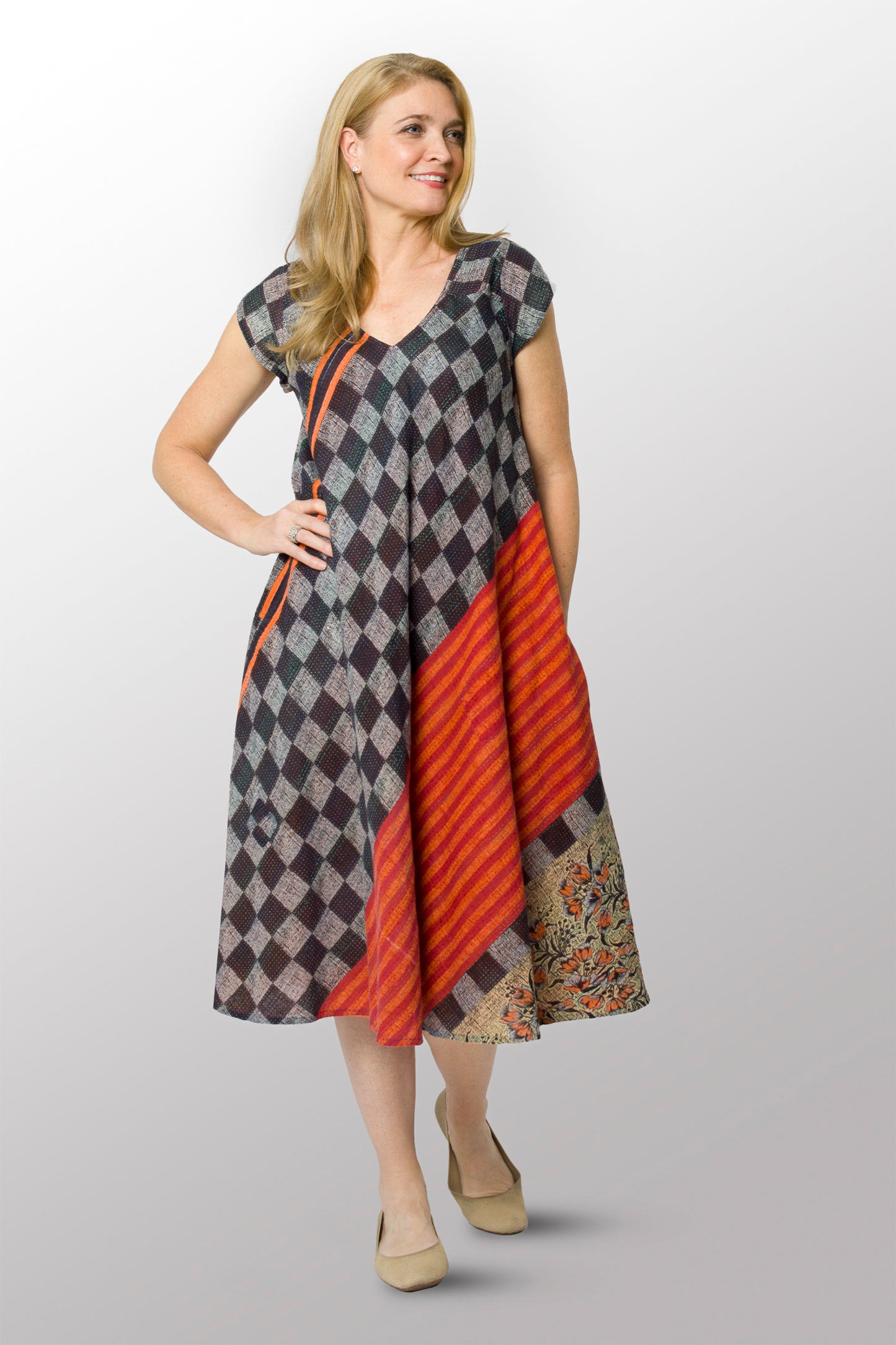 VINTAGE COTTON KANTHA CAP SLV. FLARE DRESS - cv2425-0016m -