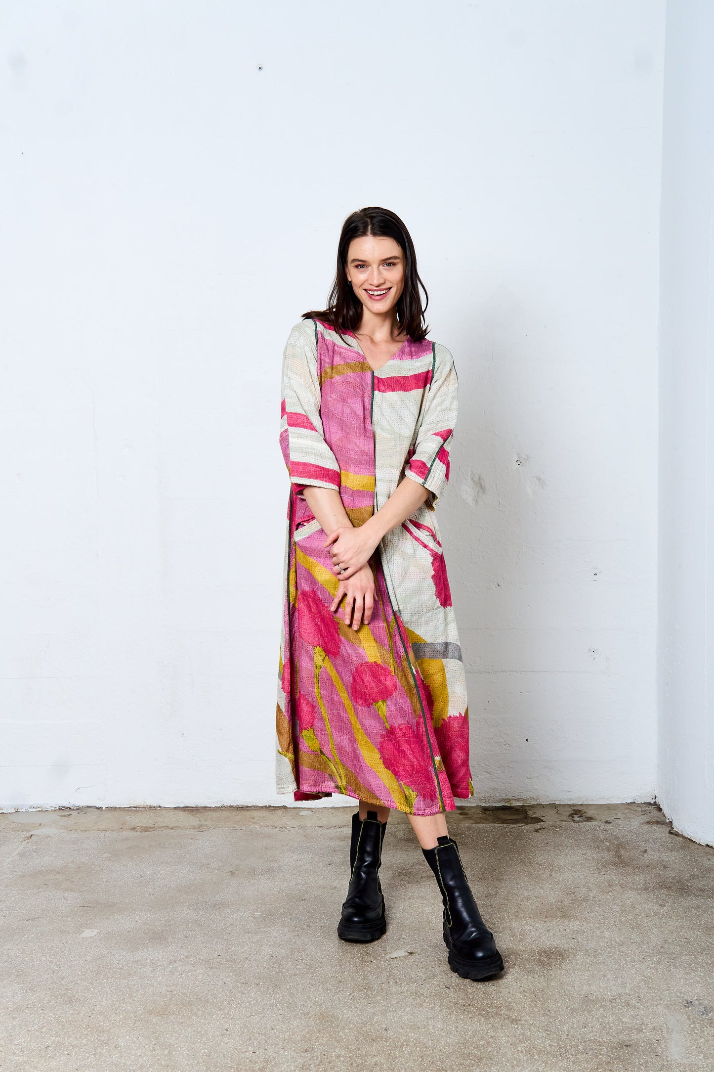 MARIGOLD PRINT KANTHA WING COLLAR DRESS - mg2454-pik -