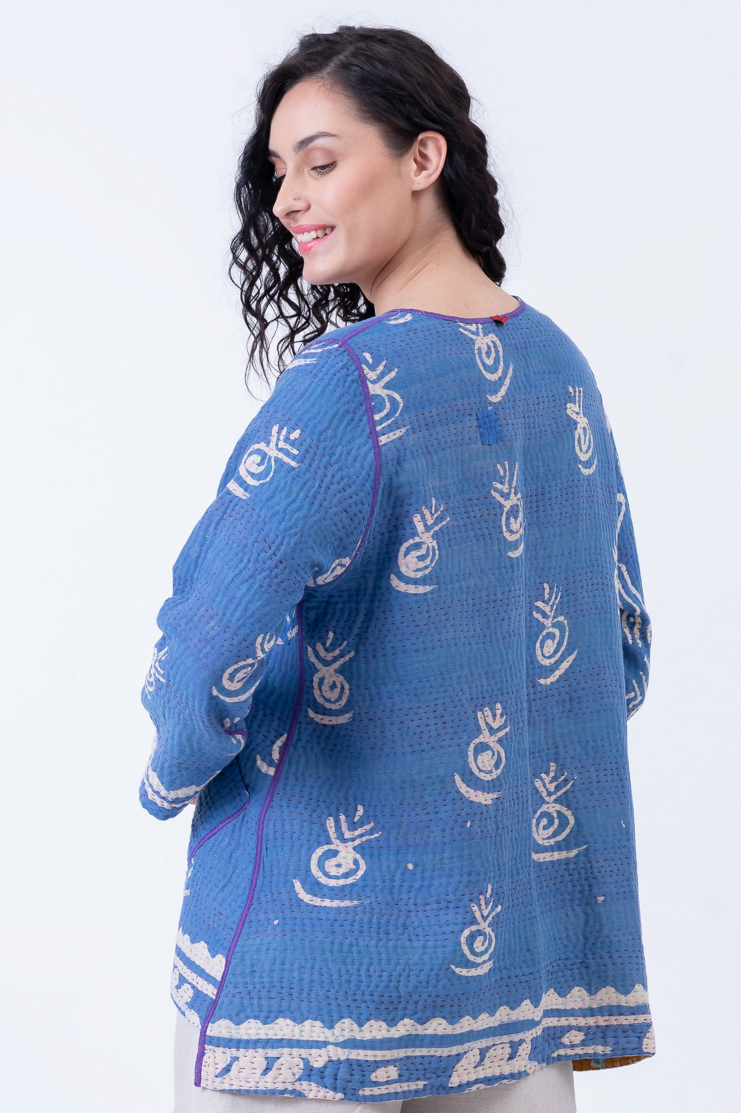 VINTAGE COTTON KANTHA CREW NECK POCKET JACKET - cv4025-0016a -