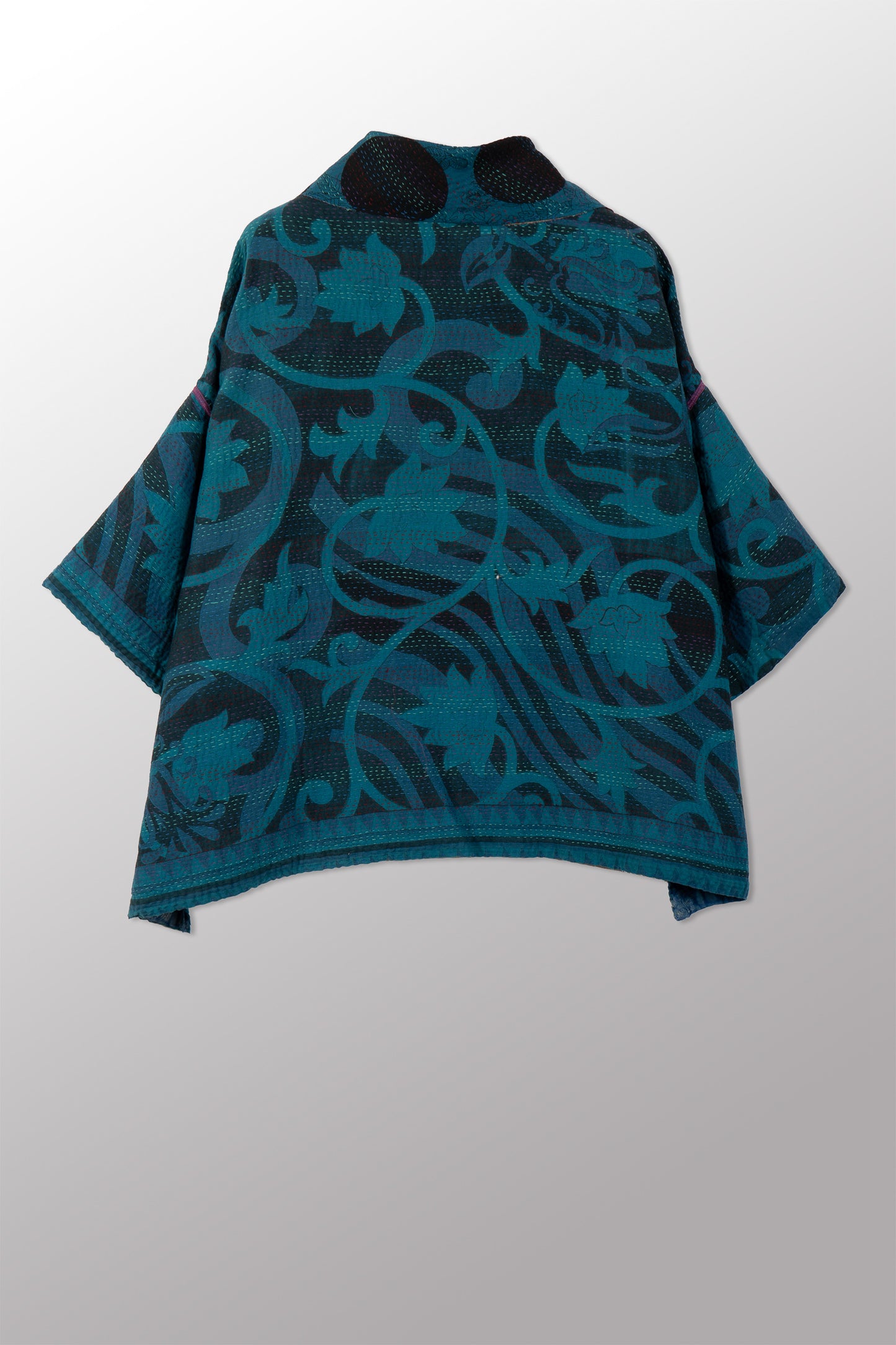 VINTAGE SILK GEORGETTE COTTON KANTHA COWL NECK PONCHO - gc2061-0002a -