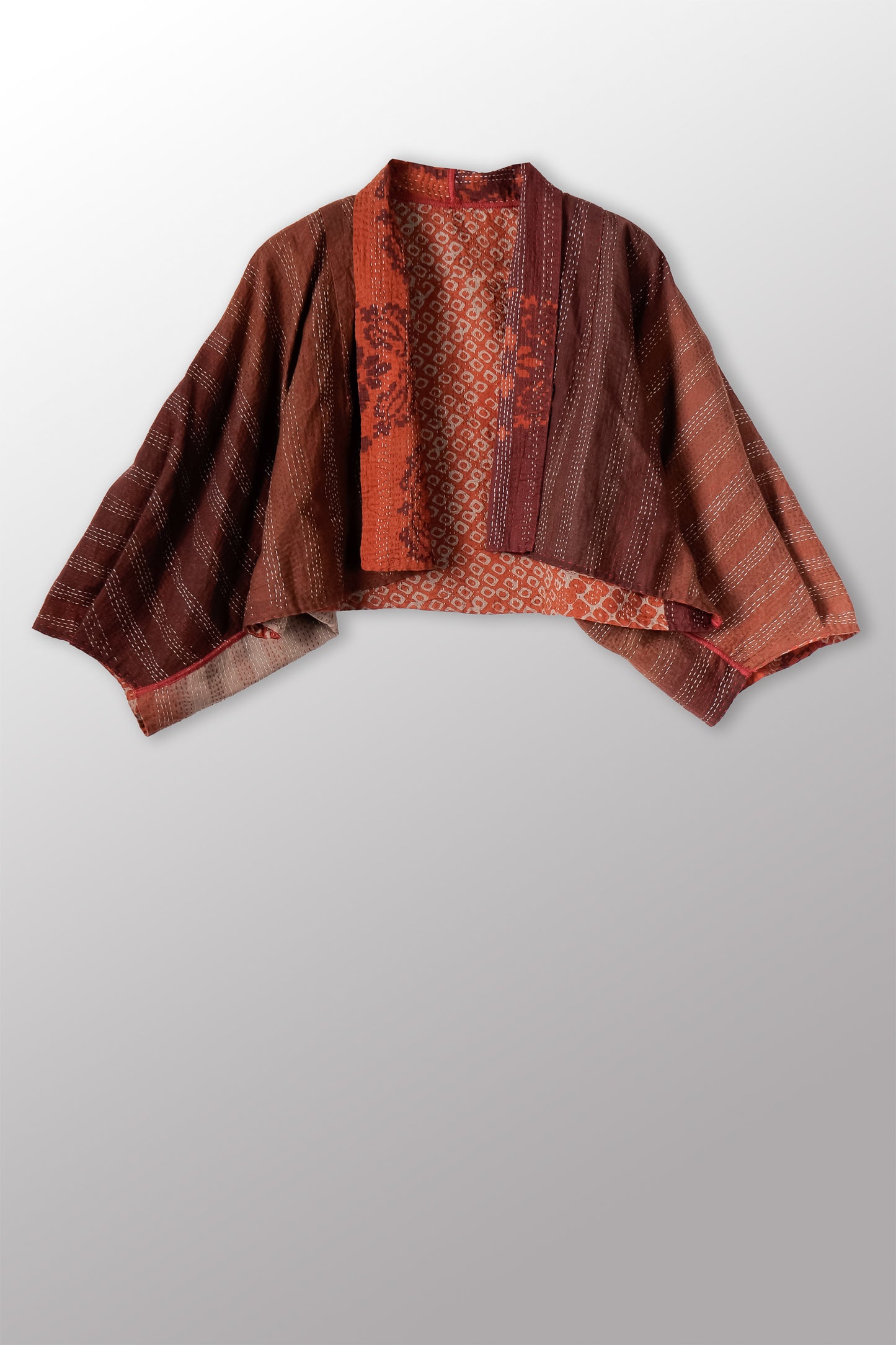 OVERDYED KIMONO COTTON KANTHA PUFF SLV. SHRUG - ov-kc2062-brn -