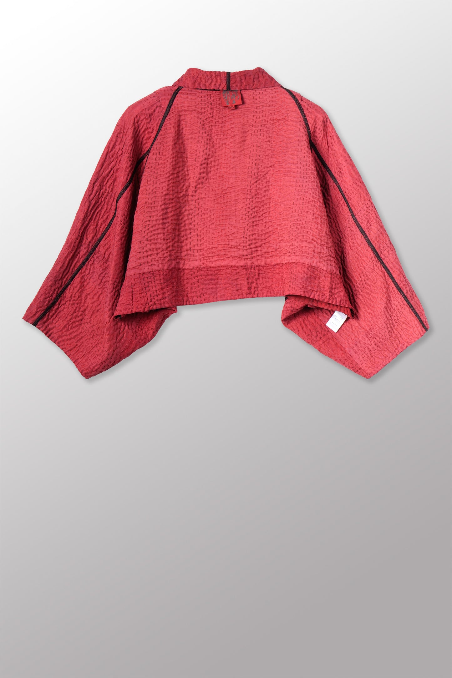 GEORGETTE JACQUARD VINTAGE SILK PATCH KANTHA PUFF SLV. SHRUG - gj4062-red -