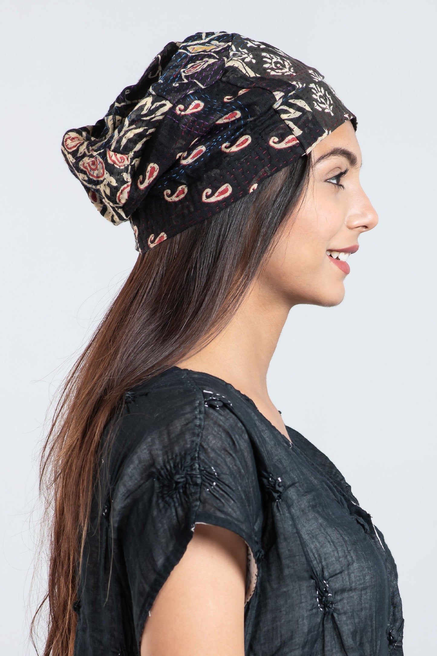 PATCHED PRINT KANTHA PATCHWORK HAT - pp2880-blk -