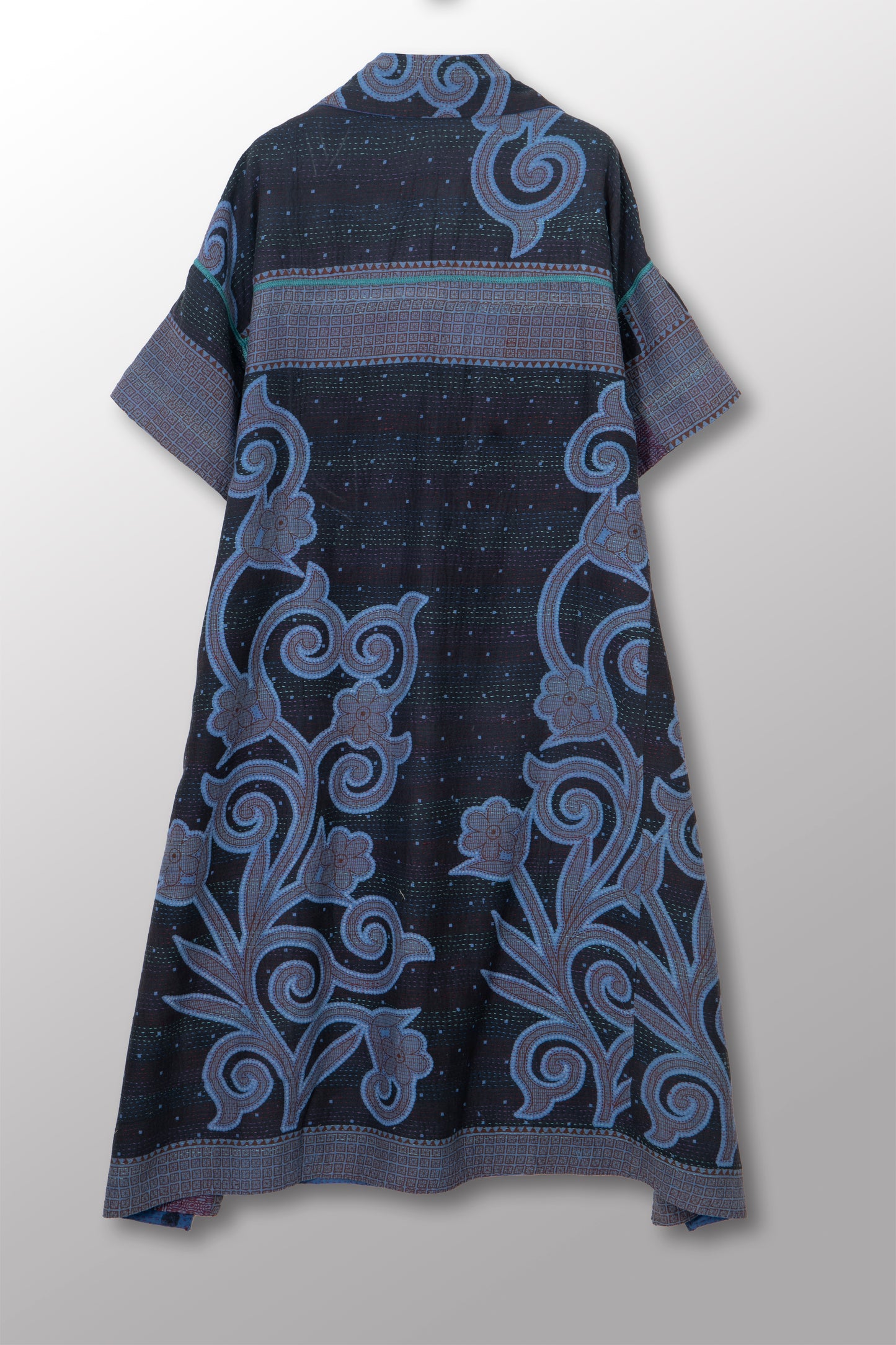 VINTAGE COTTON & NEW VOILE KANTHA WING COLLAR DRESS - cn2454-0003a -