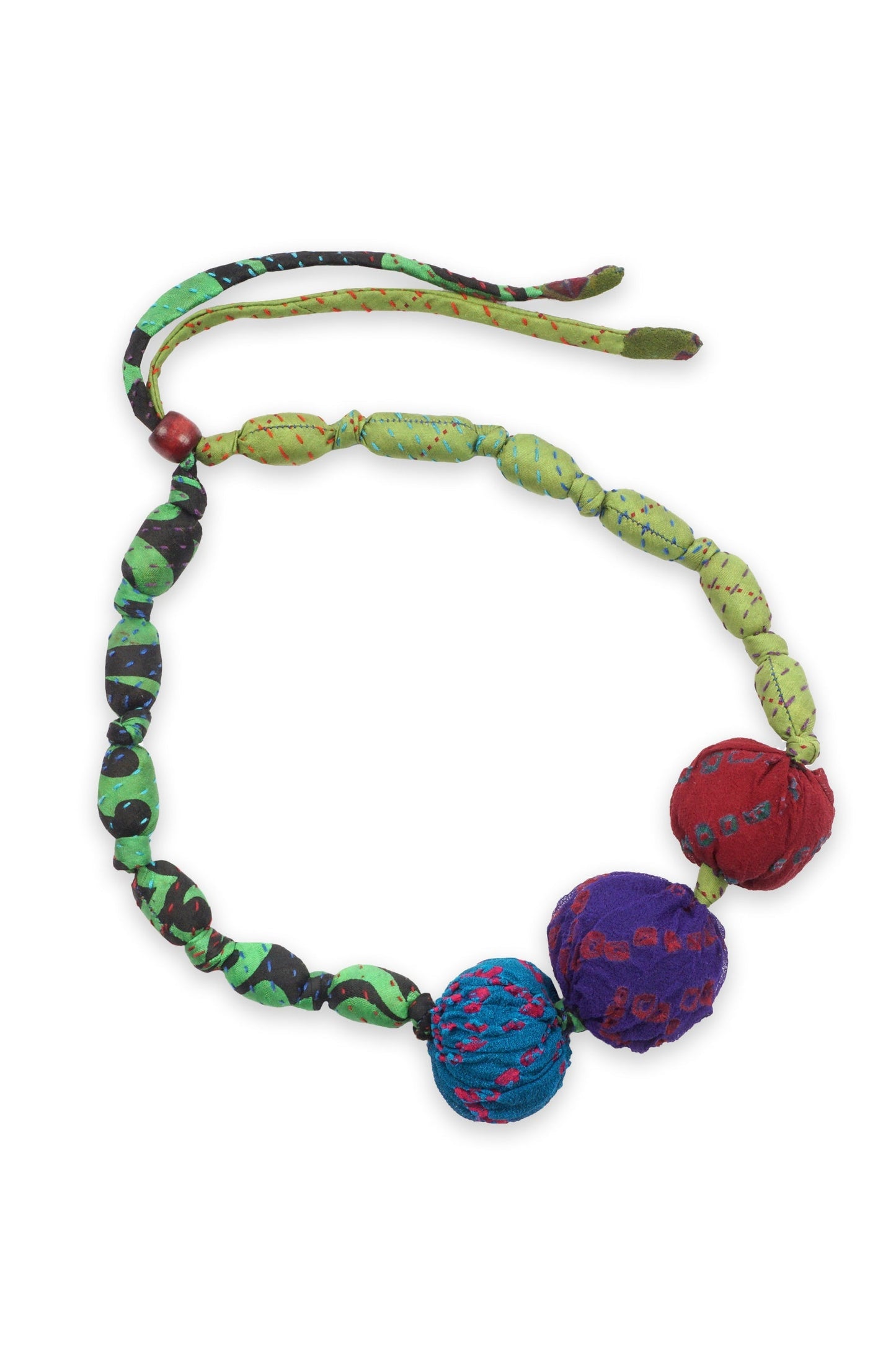 VINTAGE SILK KANTHA 3 SEA URCHIN NECKLACE - sv2711-grn -