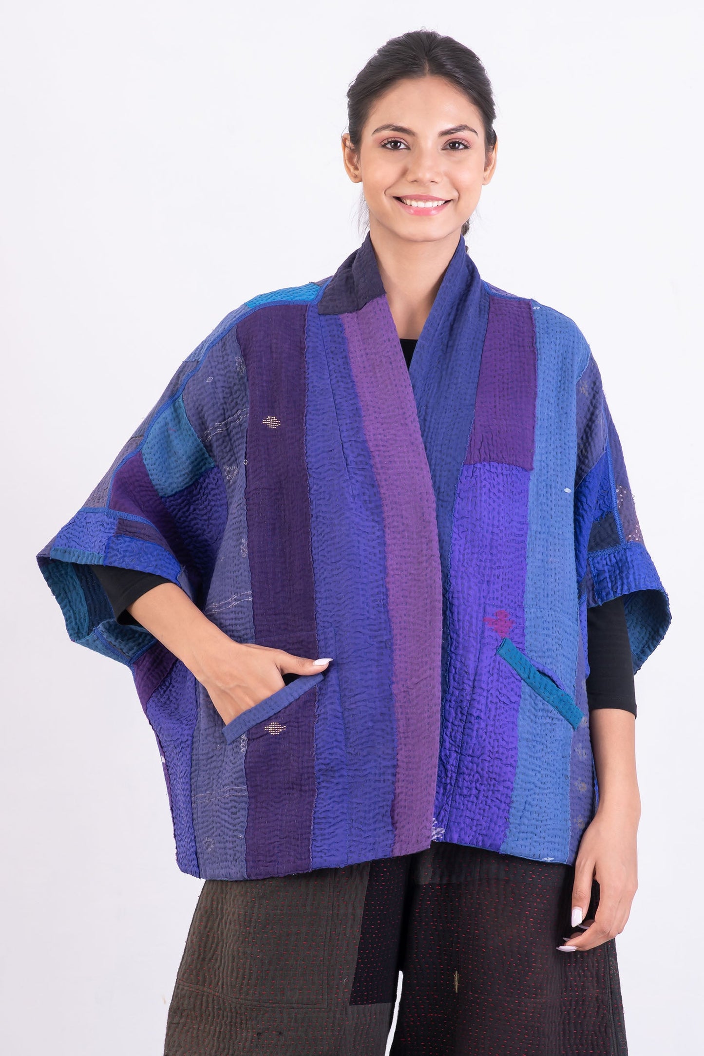 STRIPE AND CHECK COTTON SILK PATCH KANTHA MINI PONCHO - ss4060-blu -