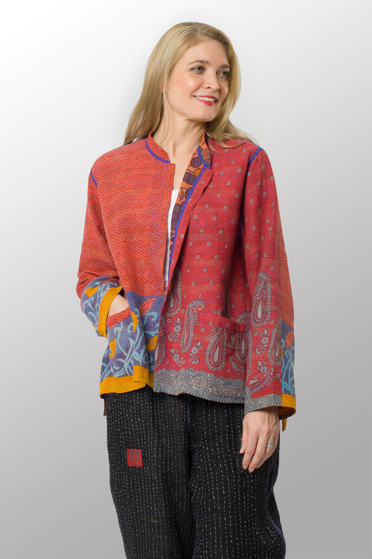 VINTAGE COTTON KANTHA KAFTAN JACKET SHORT - cv2088-0001m -