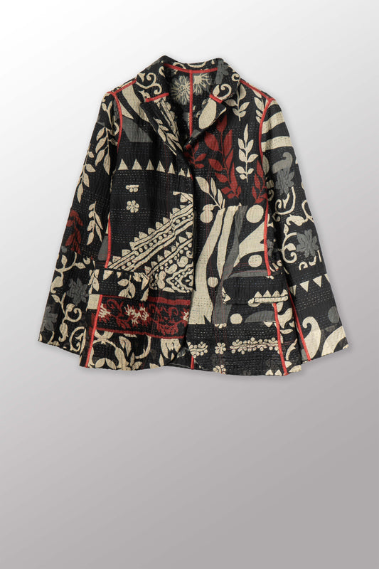 BLACK AND WHITE PRINT PATCH KANTHA BASIC JACKET - pn4052-blk -