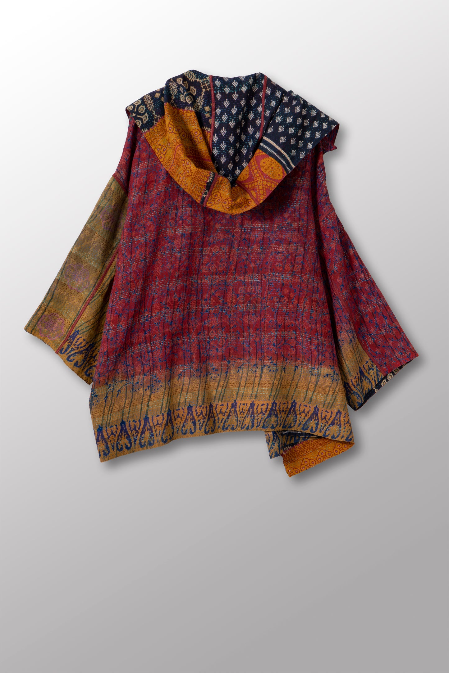 VINTAGE SILK GEORGETTE COTTON KANTHA HOODIE PONCHO - gc2064-0002a -