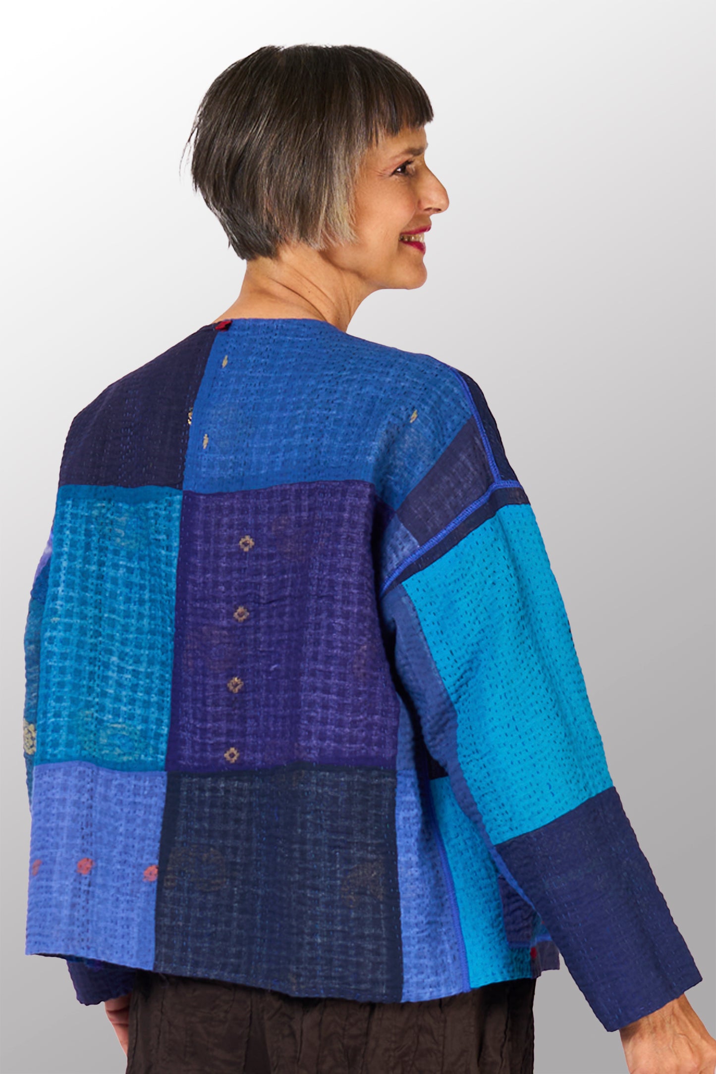 STRIPE AND CHECK COTTON SILK PATCH KANTHA CREW NECK SHORT JACKET - ss4053-blu -