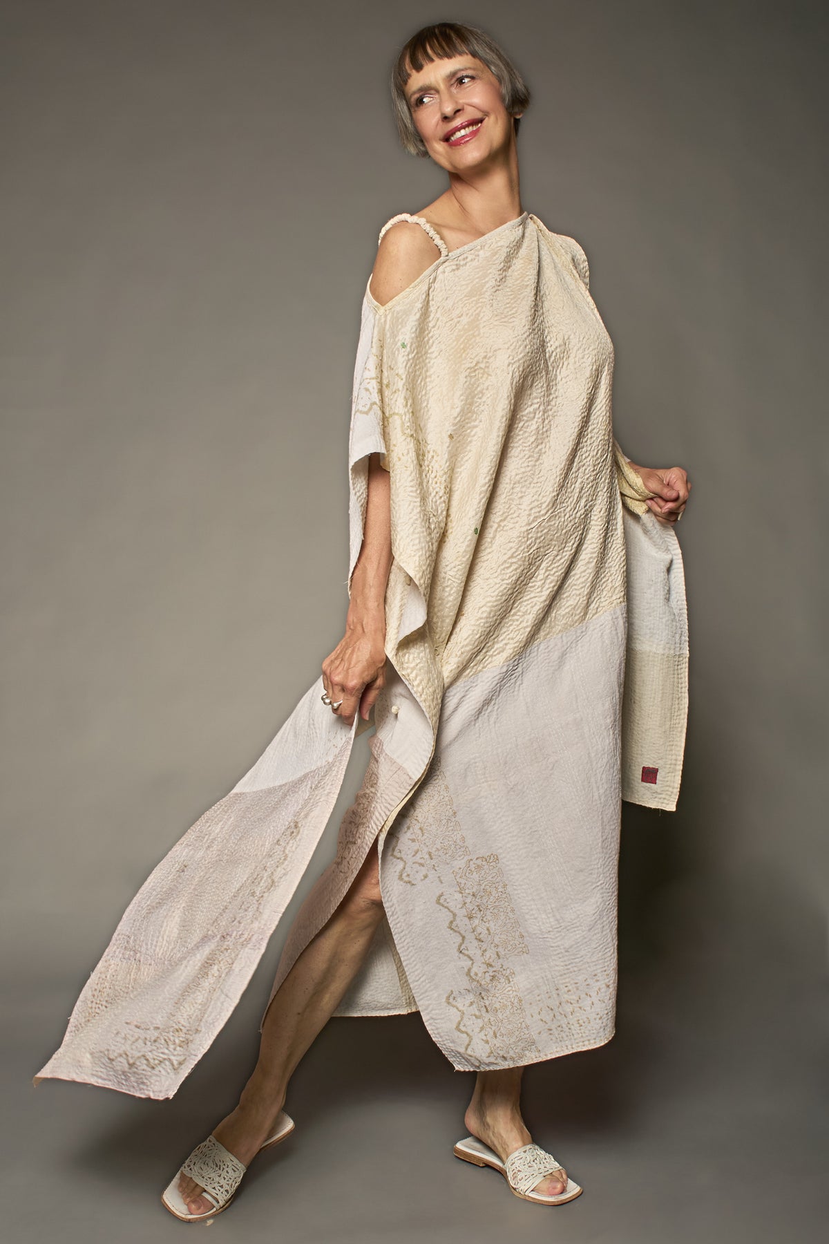 HALF SILK PATCH KANTHA ASYMMETRIC TUBE DRESS - hs2472-ivy -