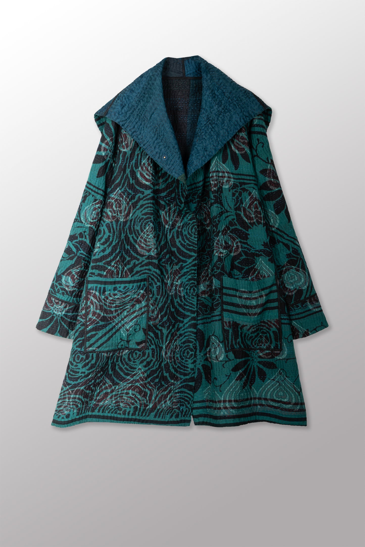 EMERALD GREEN KANTHA POCKET MEDIUM COAT - eg4316-tel -