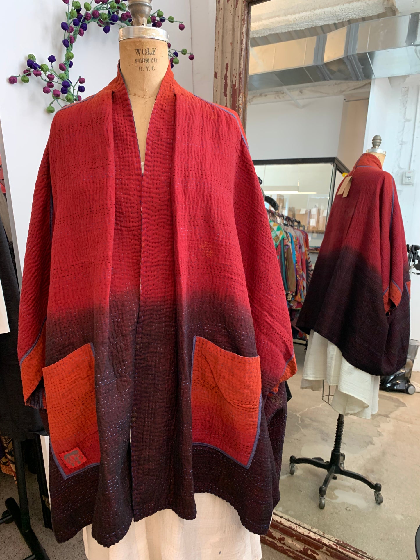 STRIPE AND BENDS KANTHA DOUBLE COLLAR PONCHO - sb4323-red -