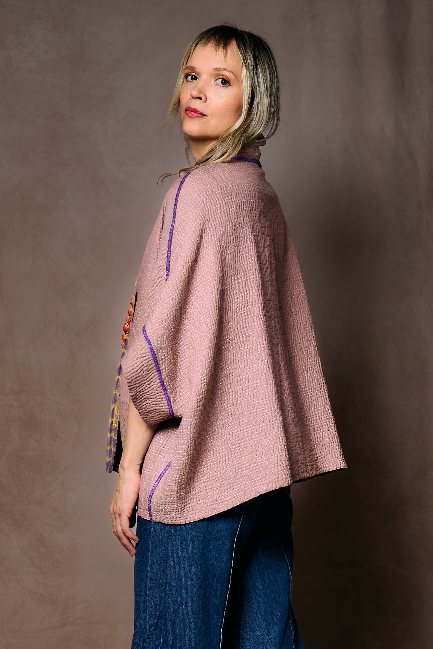 MONE SHIBORI TIE DYE KANTHA MINI PONCHO - ms5060-prp -