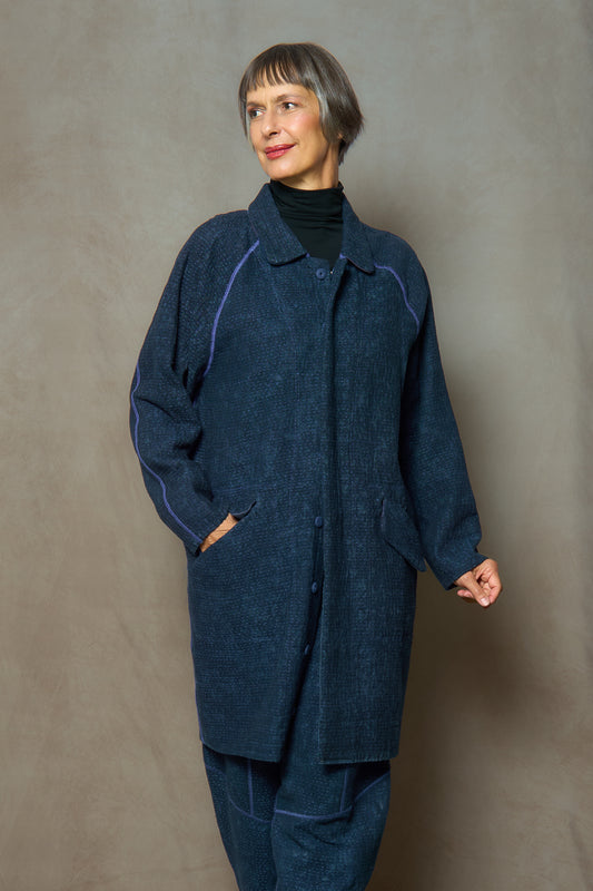 DENIM SUN-DYE KANTHA NEW RAGLAN SLEEVE COAT - ds3353-nvy -